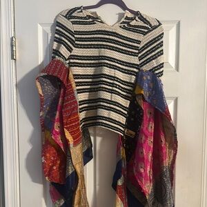 MF Chic Black and White Striped Poncho with Vibrant Patchwork Sleeves